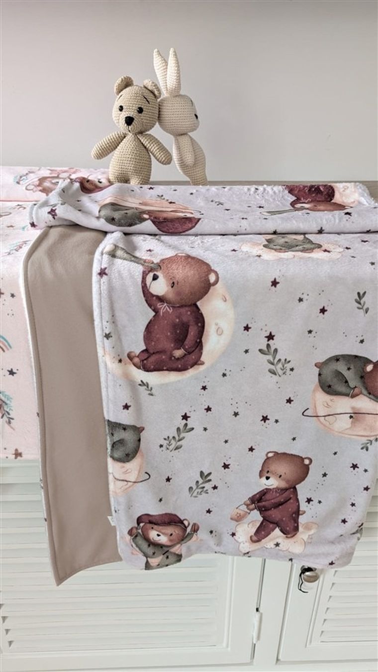 MimiNu, NewMinky, kocyk, miś na księżycu + beż, 60-70 cm