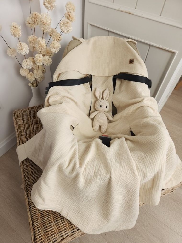 MimiNu, otulacz do wózka, fotelika samochodowego, 90-90 cm, uszka, muślin, ciepły beż, TOG 0.5-1.0