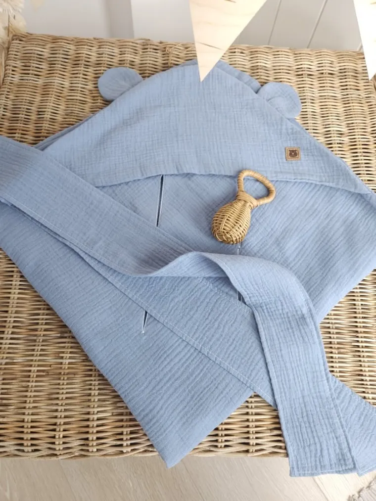 MimiNu, otulacz do wózka, fotelika samochodowego, 90-90 cm, uszka, muślin, jeans, TOG 0.5-1.0