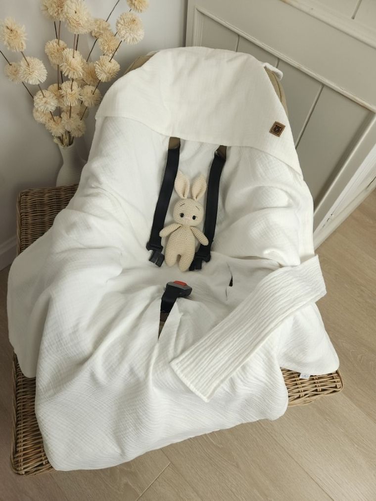 MimiNu, otulacz do wózka, fotelika samochodowego, 90-90 cm, uszka, muślin, śmietanka, TOG 0.5-1.0