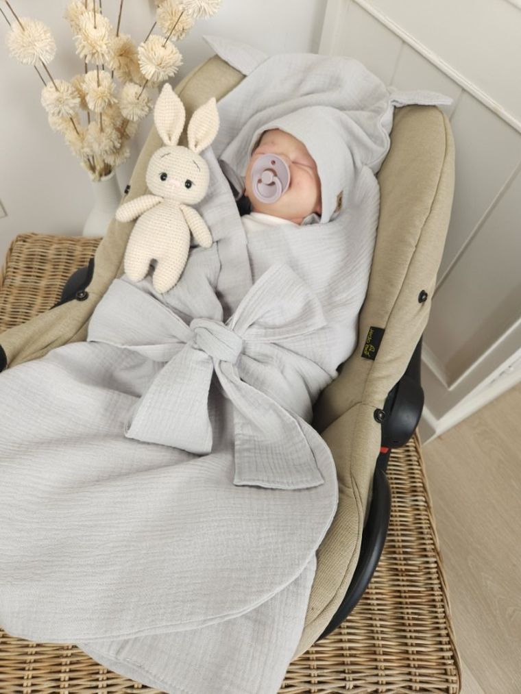 MimiNu, otulacz do wózka, fotelika samochodowego, 90-90 cm, uszka, muślin, szary, TOG 0.5-1.0