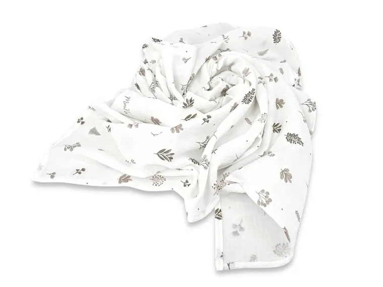 MimiNu, pielucha muślinowa, otulacz, listki beż, 120-120 cm