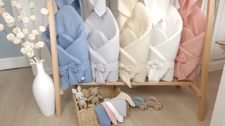 MimiNu, rożek niemowlęcy z kokardą, muślin, jeans