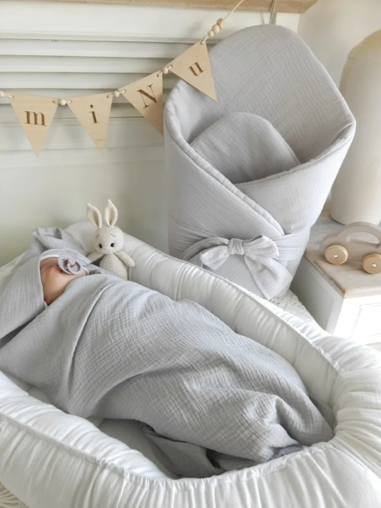 MimiNu, rożek niemowlęcy z kokardą, muślin, szary