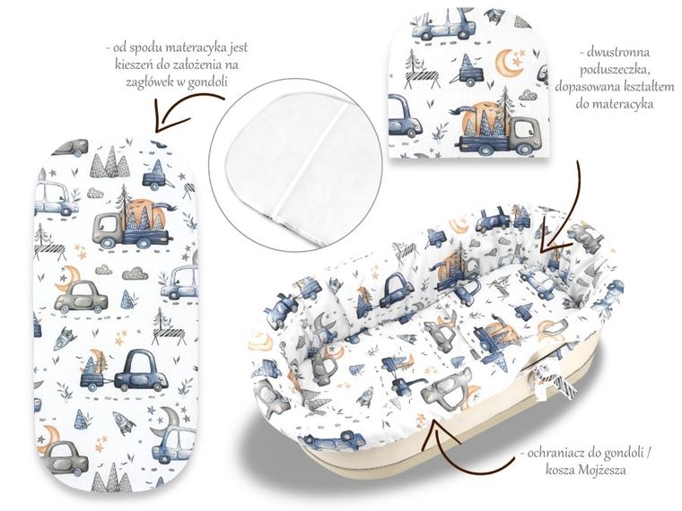 MimiNu, Samochodziki Niebieskie, uniwersalny zestaw do gondoli, kosza Mojżesza: materac, ochraniacz, poduszka