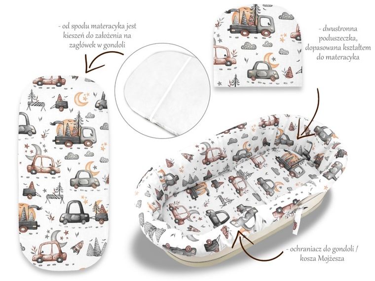 MimiNu, Samochodziki Szare, uniwersalny zestaw do gondoli, kosza Mojżesza: materac, ochraniacz, poduszka