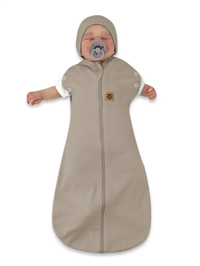 MimiNu, Soft, Teddy, komplet 2w1: śpiworek letni + czapeczka, mokka, gładki, TOG 0.5-1.0, 0-3m