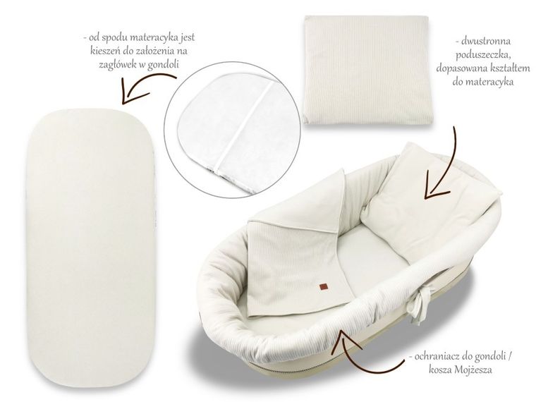 MimiNu, Soft, zestaw: ochraniacz do gondoli i kosza Mojżesza, materac, poduszka, beż, 0-6m