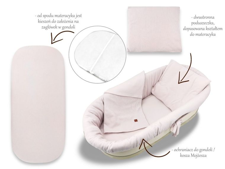 MimiNu, Soft, zestaw: ochraniacz do gondoli i kosza Mojżesza, materac, poduszka, pudrowy róż, 0-6m