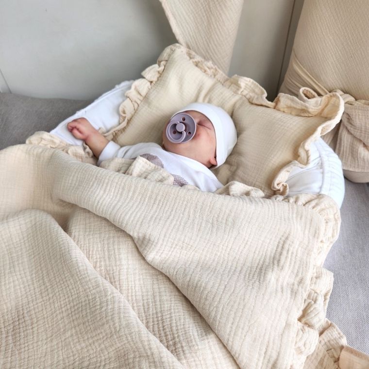 MimiNu, zestaw: muślinowy kocyk i poduszka z poszewką, ciepły beż