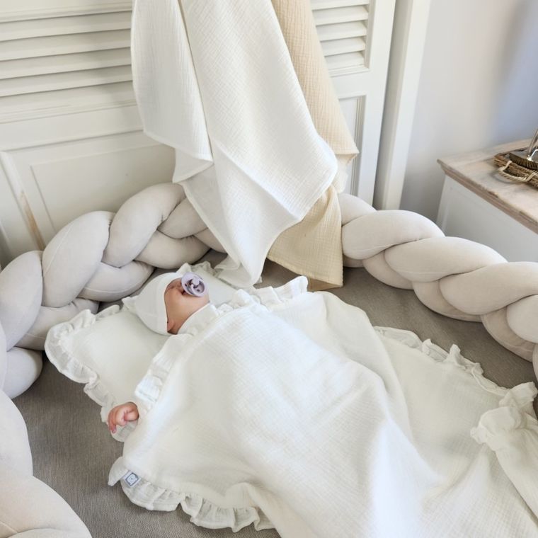 MimiNu, zestaw: muślinowy kocyk i poduszka z poszewką, śmietanka