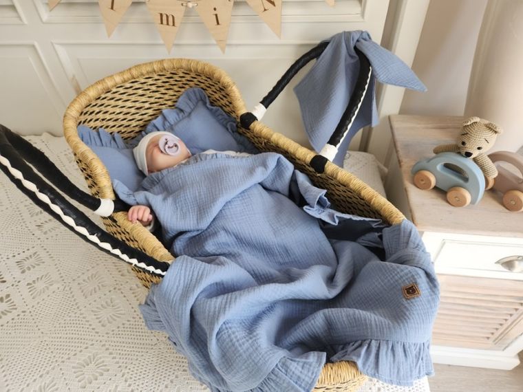 MimiNu, zestaw z falbanką, kocyk 60-70 cm, muślin, jeans