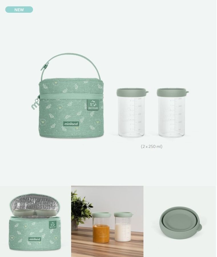 Miniland, Żabka, ECO-friendly, pojemniki szklane 2-250 ml + torba izotermiczna