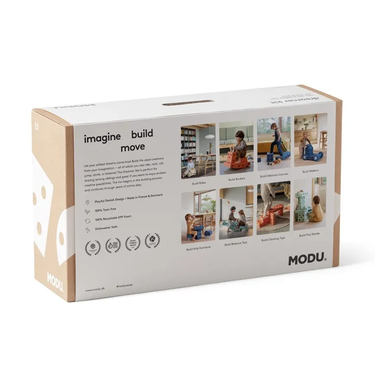 Modu, Dreamer Set, kreatywne klocki rozwijające motorykę dużą, z funkcją jeździka, Sand Grey/Honey Yellow