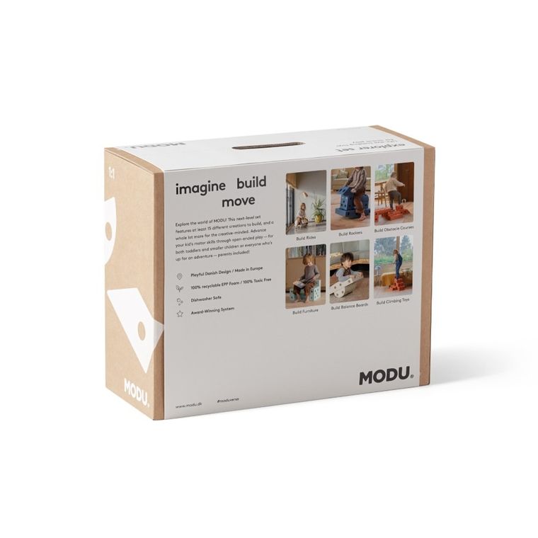 Modu, Explorer Set, kreatywne klocki rozwijające motorykę dużą, z funkcją jeździka, Sand Grey/Honey Yellow