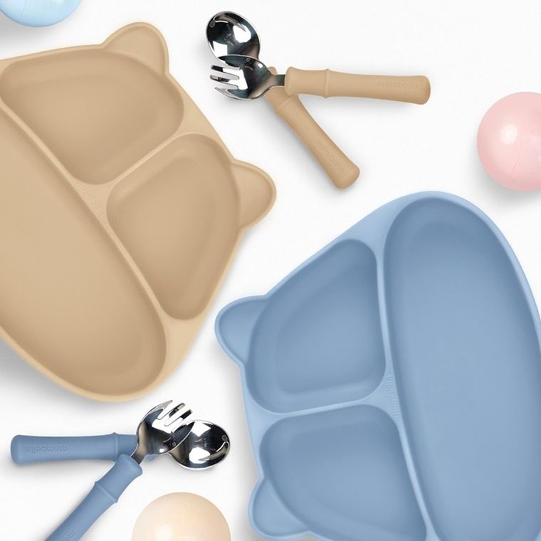 Mombella, Panda, metalowe sztućce, light blue