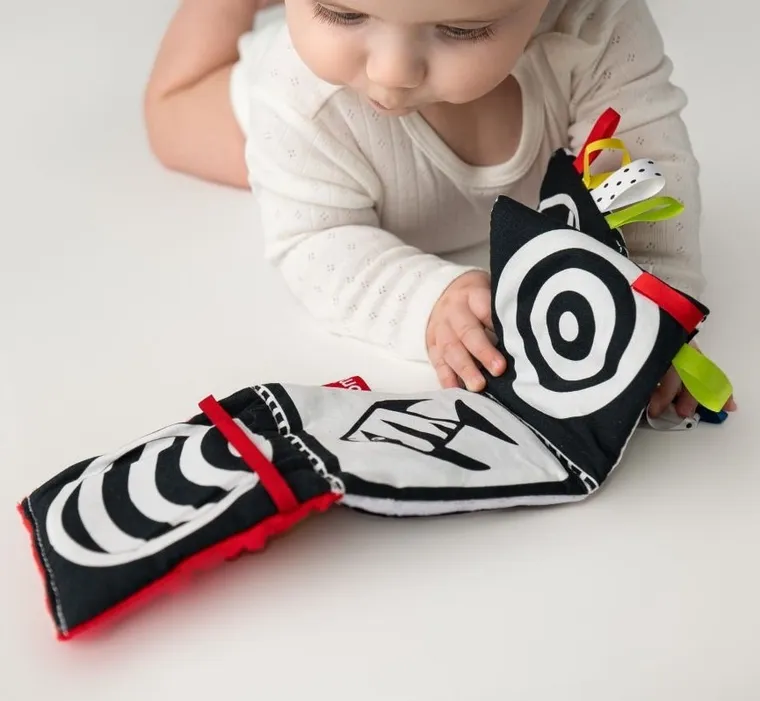 Mom's Care, mała książeczka, kontrastowa zabawka sensoryczna, niebieska