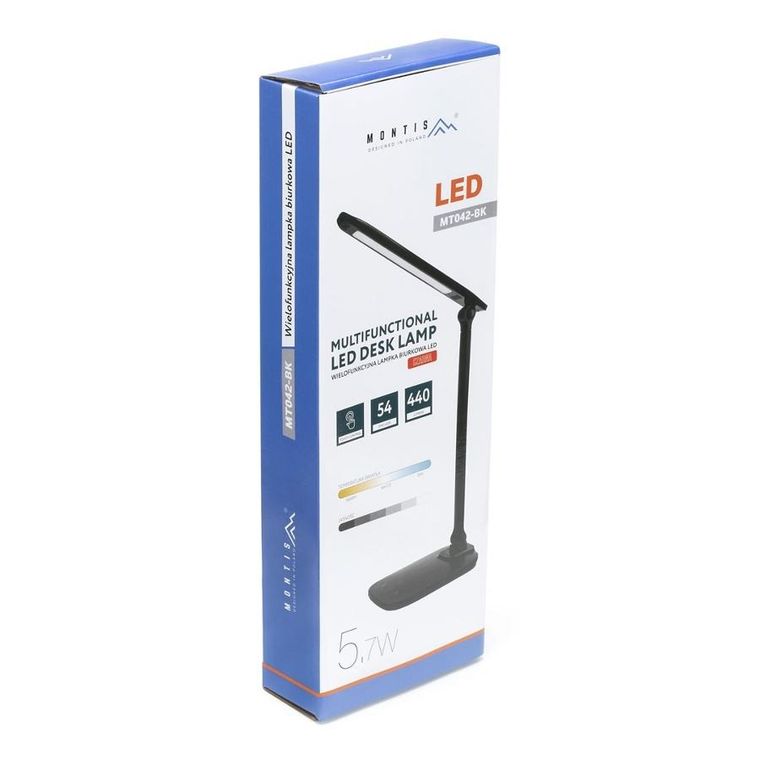 Montis, lampka biurkowa LED, MT042-BK, czarna, 230V + USB
