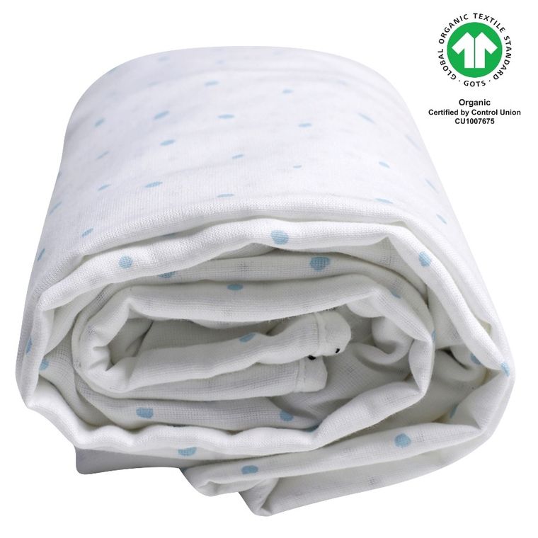 Motherhood, ECO Kropeczki Niebieskie, kocyk dwuwarstwowy muślinowy, 130-130 cm