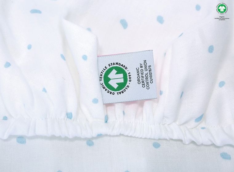 Motherhood, ECO Kropeczki Niebieskie, prześcieradło do gondoli/kosza Mojżesza z gumką, 35-75 cm