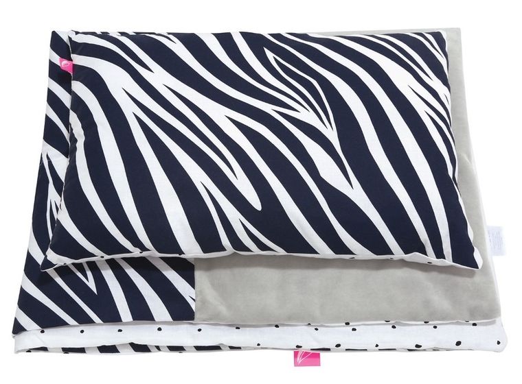 Motherhood, zestaw przedszkolaka, kołdra z z poduszką, zebra niebieska