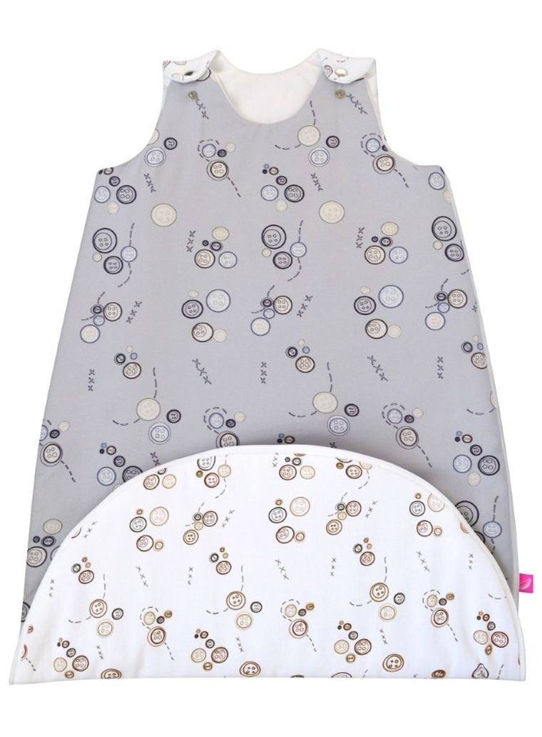 Motherhood, Zip-A-Round, bawełniany śpiworek, 2w1, TOG 3, szare guziki, 3-18m