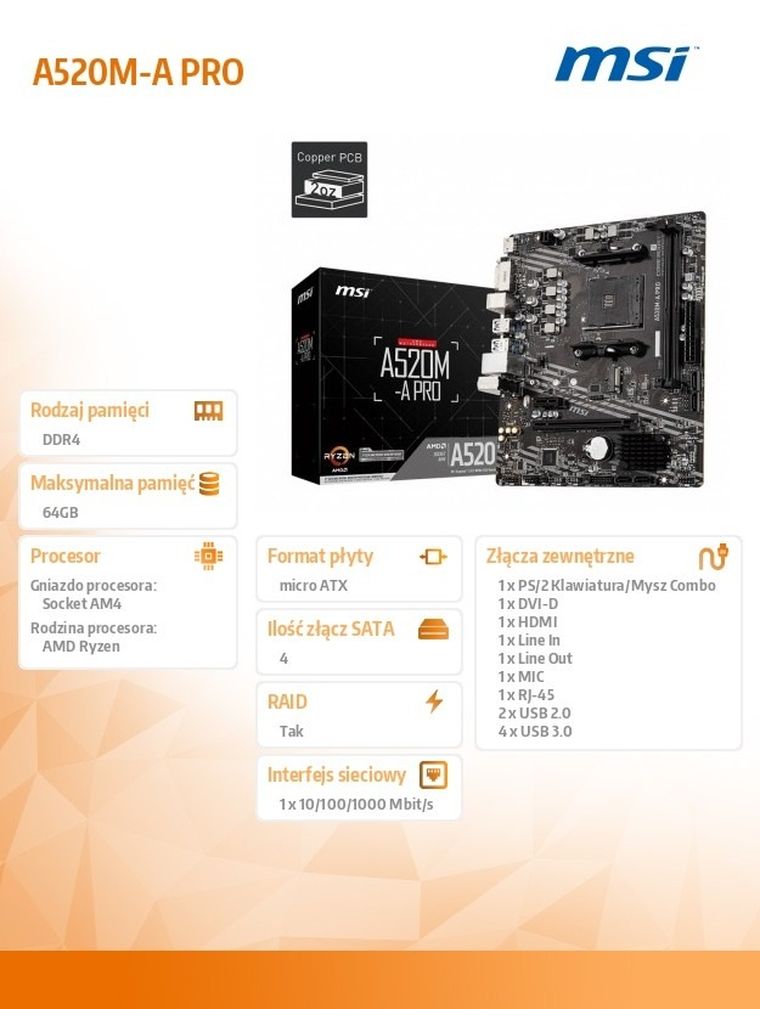 MSI, płyta główna, A520M-A PRO AM4 2DDR4 DVI/HDMI USB 3.2 mATX