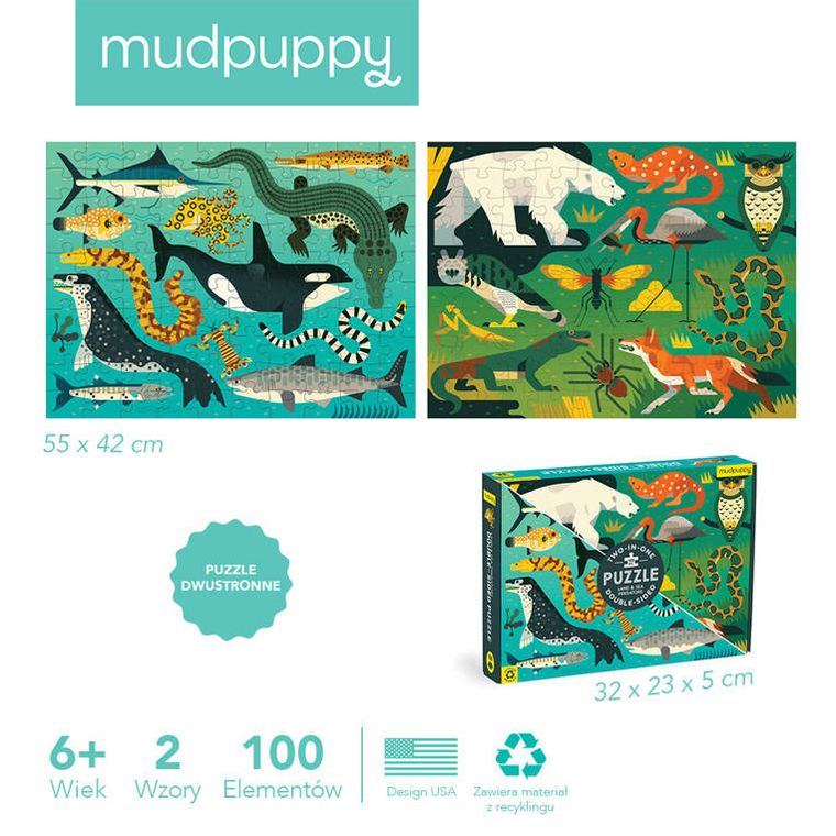 Mudpuppy, Drapieżniki lądowe i wodne, puzzle dwustronne, 100 elementów