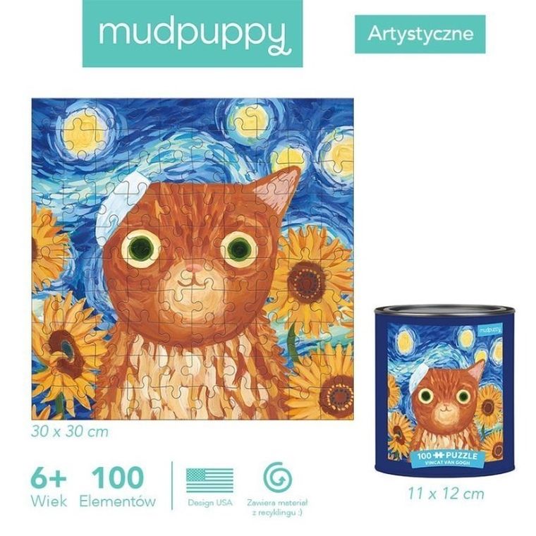 Mudpuppy, kotoartyści, Vincat van Gogh, puzzle w puszce, 100 elementów