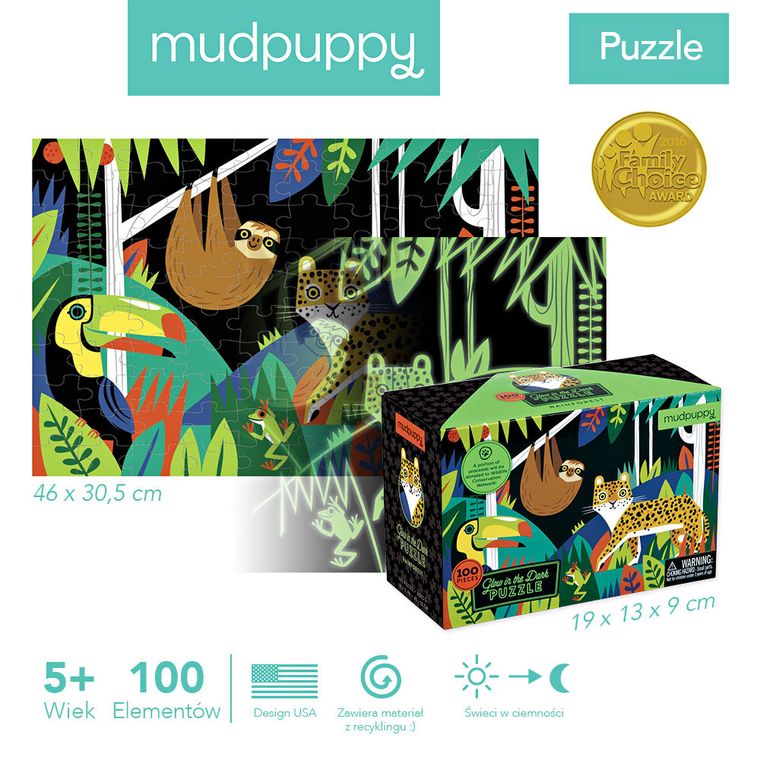 Mudpuppy, Las tropikalny, puzzle świecące w ciemności, 100 elementów
