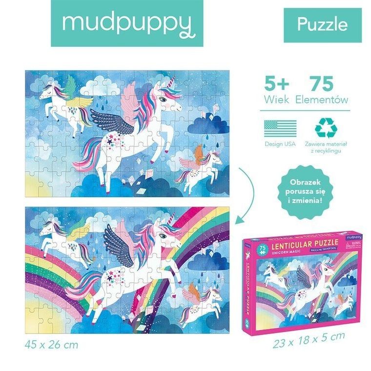 Mudpuppy, Magiczne jednorożce, puzzle soczewkowe z ruchomym obrazkiem 3D, 75 elementów