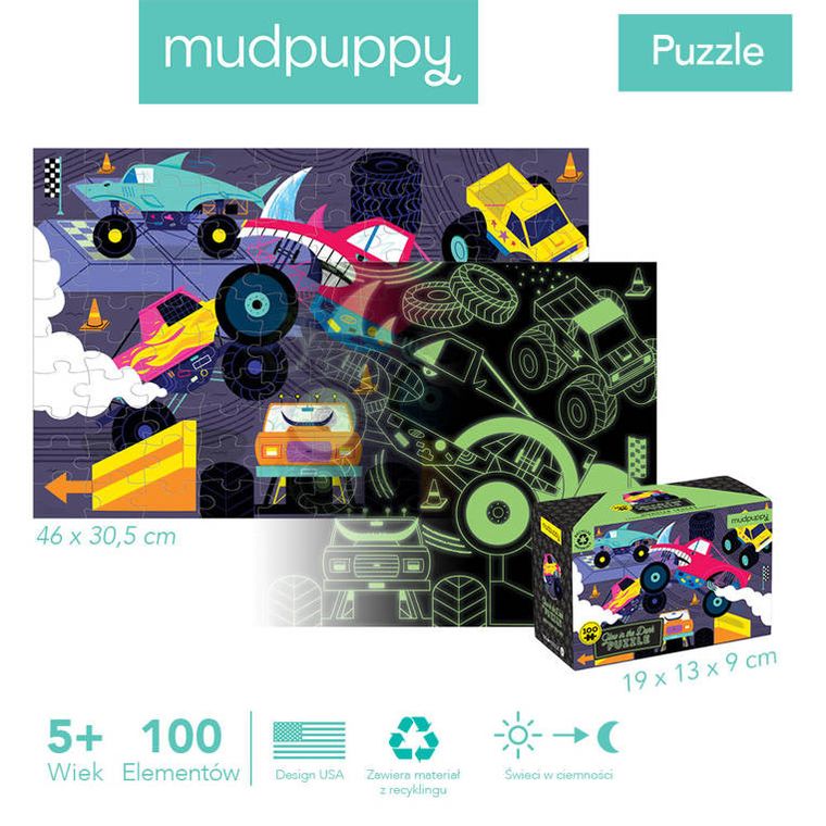Mudpuppy, Monster trucki, puzzle świecące w ciemności, 100 elementów