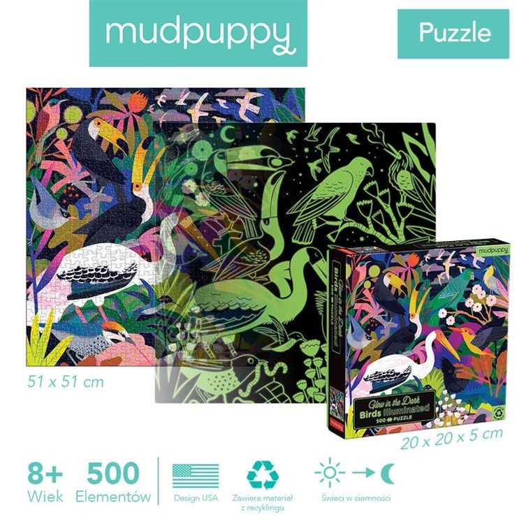 Mudpuppy, Ptaki, puzzle świecące w ciemności, 500 elementów