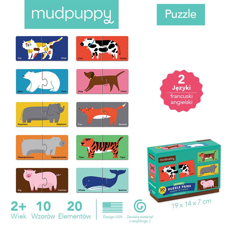Mudpuppy, puzzle dwujęzyczne ze zwierzątkami do nauki pierwszych słów, angielski/francuski, 20 elementów