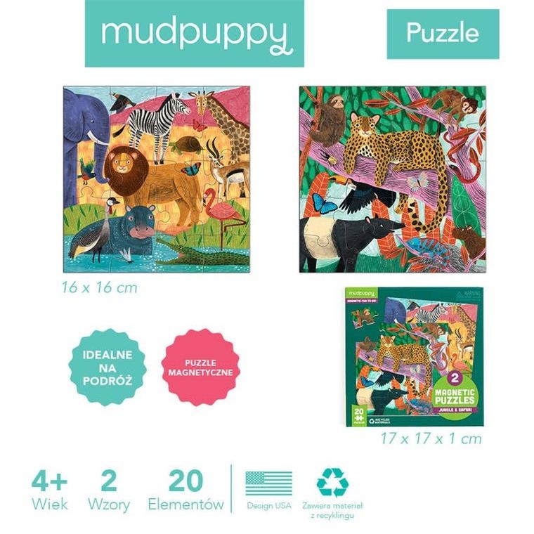 Mudpuppy, Safari & Dżungla, puzzle magnetyczne, 2w1, 20 elementów