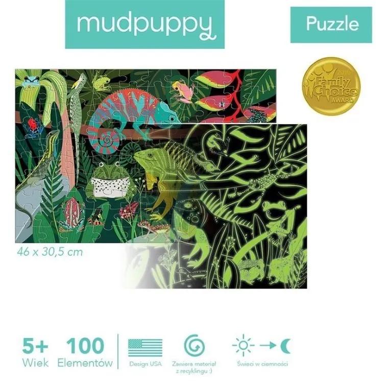 Mudpuppy, żaby i jaszczurki, puzzle świecące w ciemności, 100 elementów