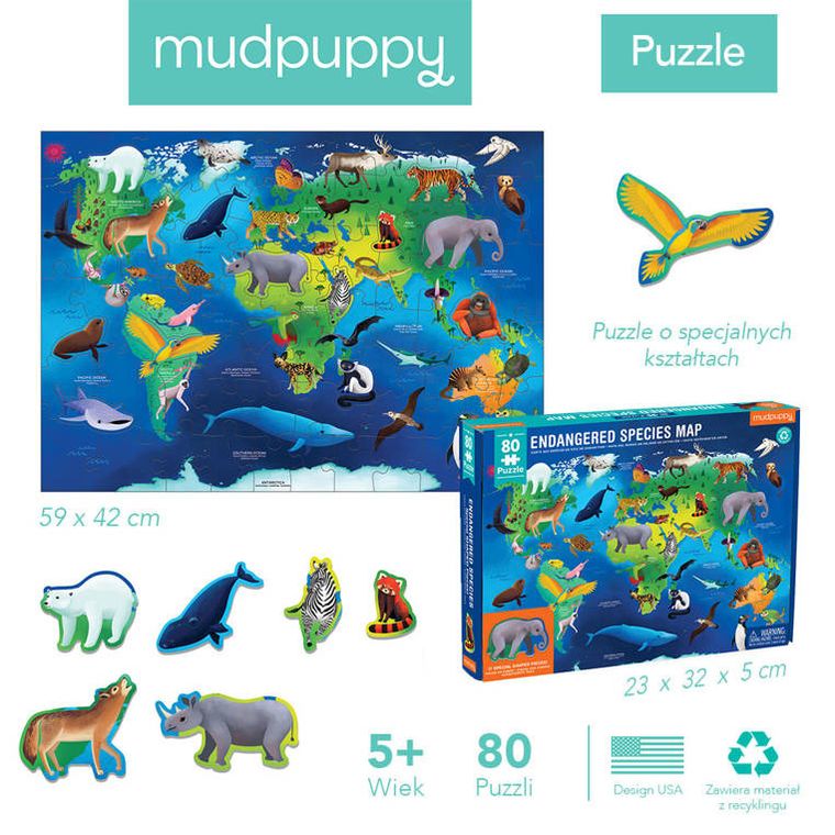 Mudpuppy, Zagrożone gatunki, puzzle edukacyjne, 80 elementów