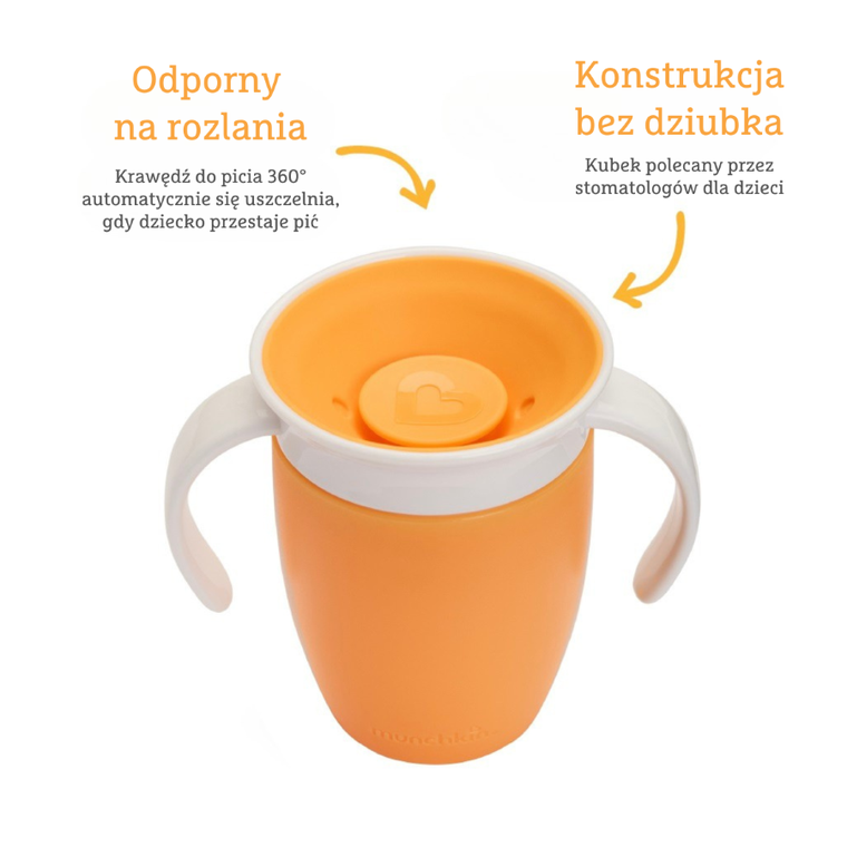 Munchkin, Miracle 360°, kubek treningowy z uchwytami, pomarańczowy, 207 ml