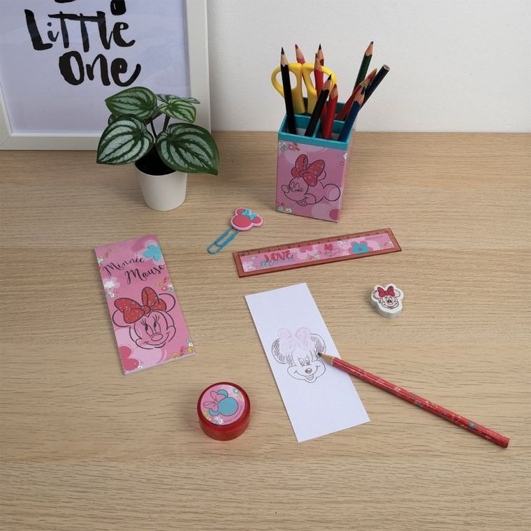Myszka Minnie, pojemnik z przyborami szkolnymi, 7 elementów