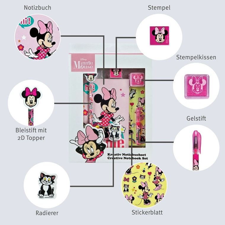 Myszka Minnie, zestaw kreatywny z notesem i naklejkami, 7 elementów