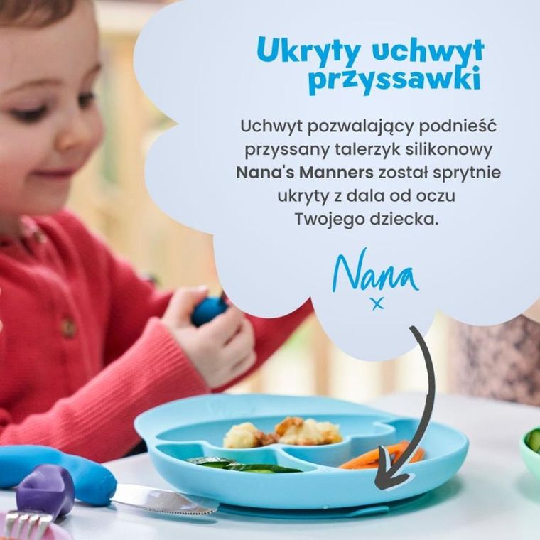 Nana's Manners, talerz silikonowy, trójdzielny z przyssawką, niebieski