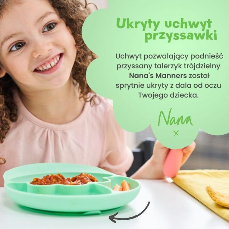 Nana's Manners, talerz silikonowy, trójdzielny z przyssawką, zielony
