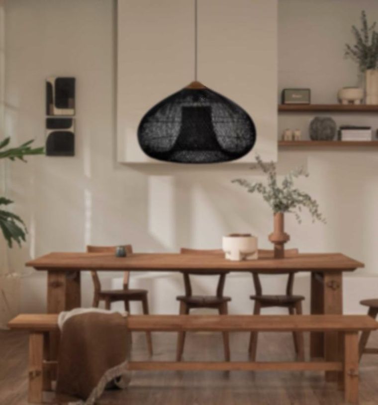 naturalna, lampa rattanowa, sufitowa wisząca, czarna, 40 cm