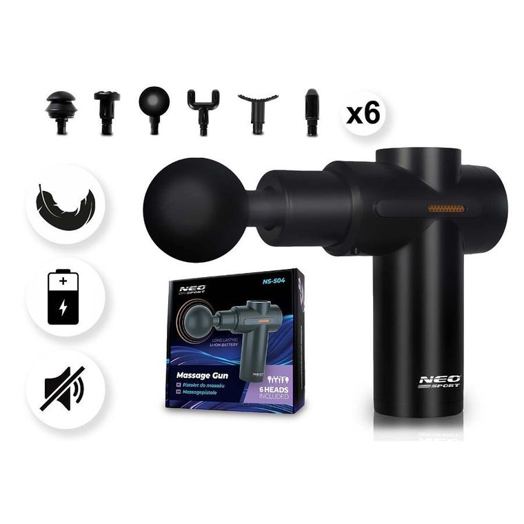 Neo-Sport, pistolet do masażu ciała, czarny, 6 nakładek, NS-504