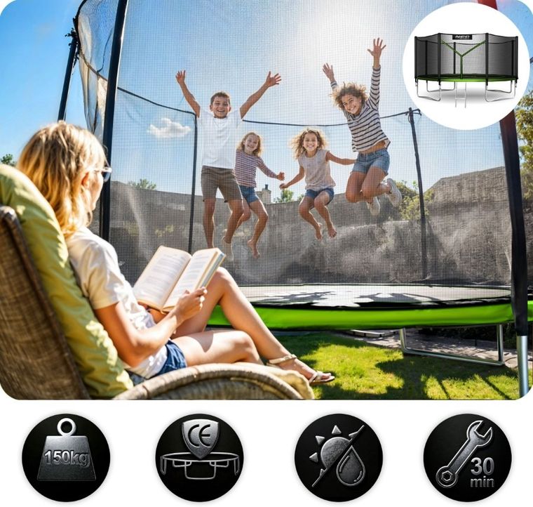 Neo-Sport, trampolina ogrodowa z siatką zewnętrzną i drabinką, 12ft/374 cm