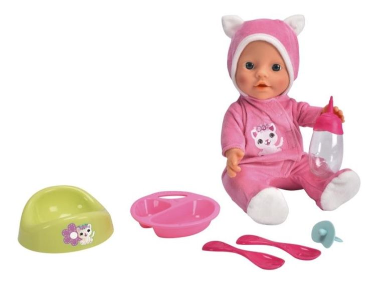 New Born Baby, lalka bobas w kociej piżamce z akcesoriami, 30 cm