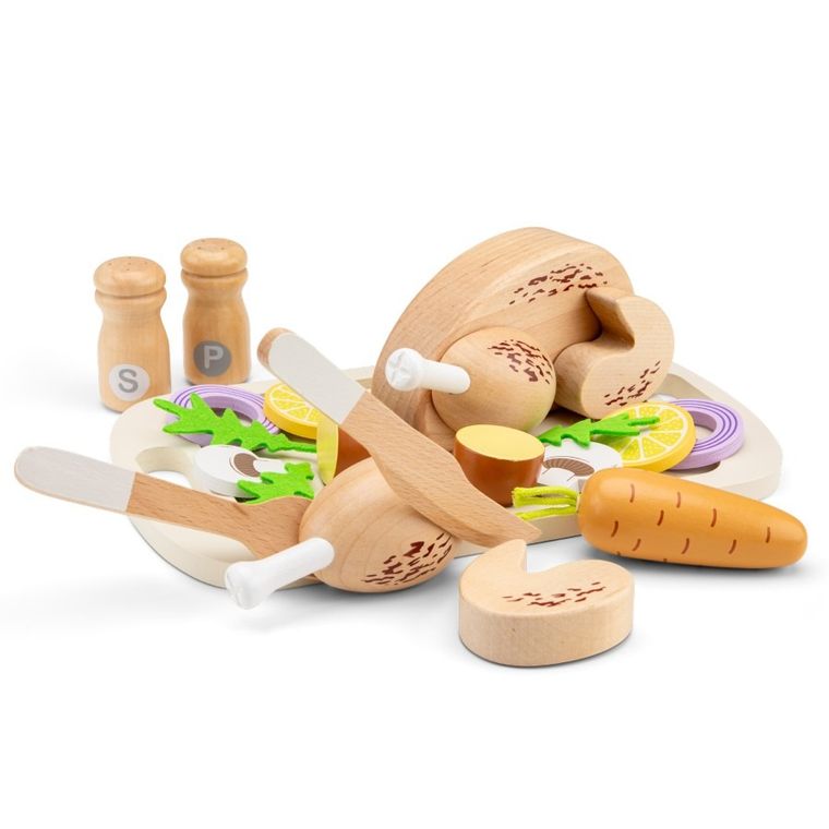 New Classic Toys, pieczony kurczak, drewniany zestaw jedzenia i akcesoriów kuchennych