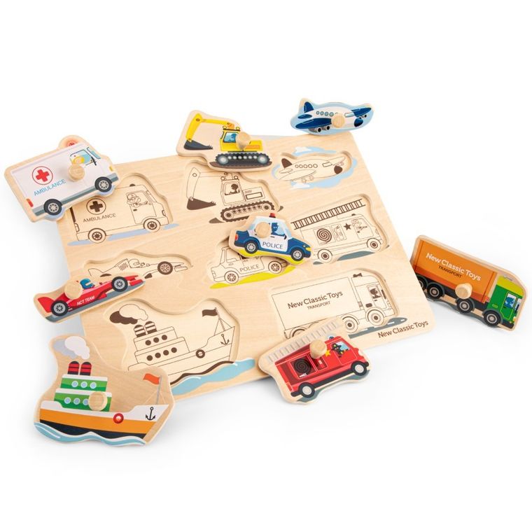 New Classic Toys, transport, drewniane puzzle, 8 elementów