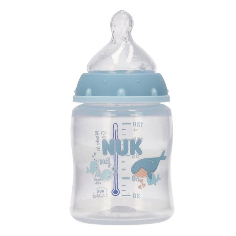 Nuk, First Choice, butelka z silikonowym smoczkiem S, wieloryb, 150 ml