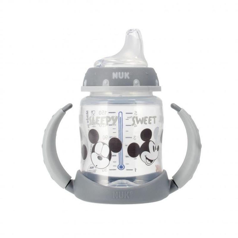 Nuk, First, Myszka Miki, butelka z uchwytem, smoczek lateksowy, 6m+, popiel, 150 ml